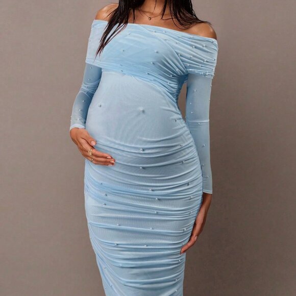 Blue Elegant Maternity Open Shoulder Ruched Slim Fit Maxi Dress - Picture 5 of 7